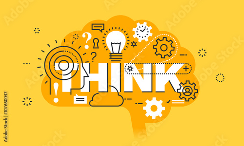 Thin line flat design banner for THINK web page, learning, knowledge, innovation, creativity, solutions. Modern vector illustration concept of word THINK for website and mobile website banners.