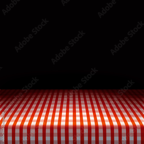 Vector picnic table covered with tablecloth on dark background.