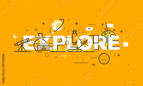 Thin line flat design banner for EXPLORE web page, natural and technical sciences, new technologies,. medical and space research Vector illustration concept for website and mobile website banners. photo