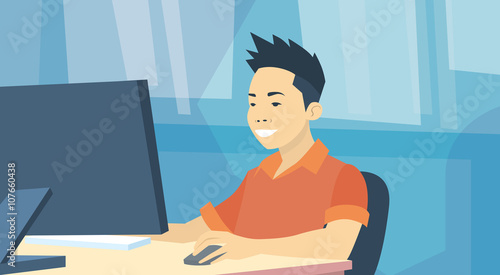 Asian Business Man Sitting Desk Working Laptop Computer 