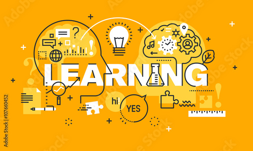 Thin line flat design banner for LEARNING web page, exchange and development of ideas and knowledge. Modern vector illustration concept of word LEARNING for website and mobile website banners.