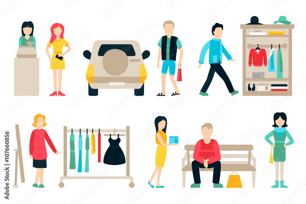 Vector shopping and shipping flat icons set. Mall Staff, Happy Buyers Isolated On White Background, Furniture, Clothes, People Vector Illustration, Graphic Editable For Your Design