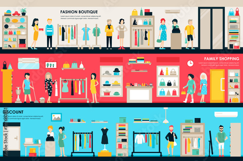 Shopping Center and Boutique Rooms flat shop interior concept web. Fashion Clothes Customers Mall Retail Purchase