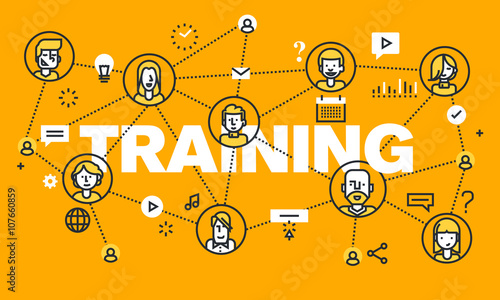 Thin line flat design banner for TRAINING web page, online education, courses, networking, video tutorials, staff training. Vector illustration concept of word TRAINING for website banners.