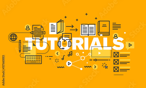 Thin line flat design banner for TUTORIALS web page, online platform with tutorials to acquire knowledge from different fields. Vector illustration concept of word TUTORIALS for website banners.