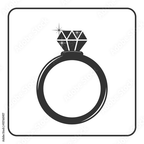 Diamond engagement ring icon. Shiny sparkle crystal sign. Black circle silhouette isolated on white background Flat fashion design element. Symbol engagement, gift, jewel expensive Vector Illustration