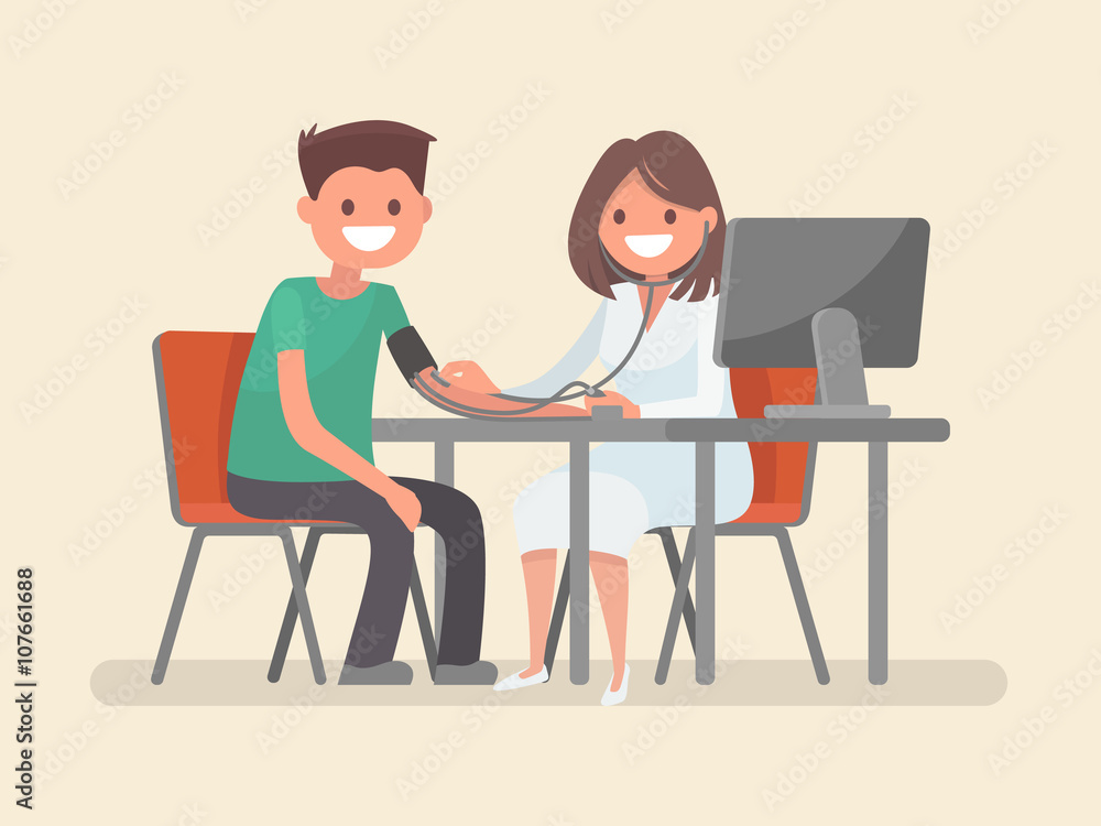 Doctor measures the blood pressure patient. Vector illustration