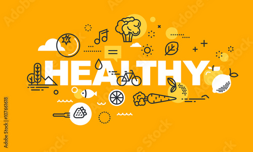 Thin line flat design banner for HEALTHY web page, organic food, sport and activities, diet, relationship, health plan management. Vector illustration concept for website and mobile website banners.