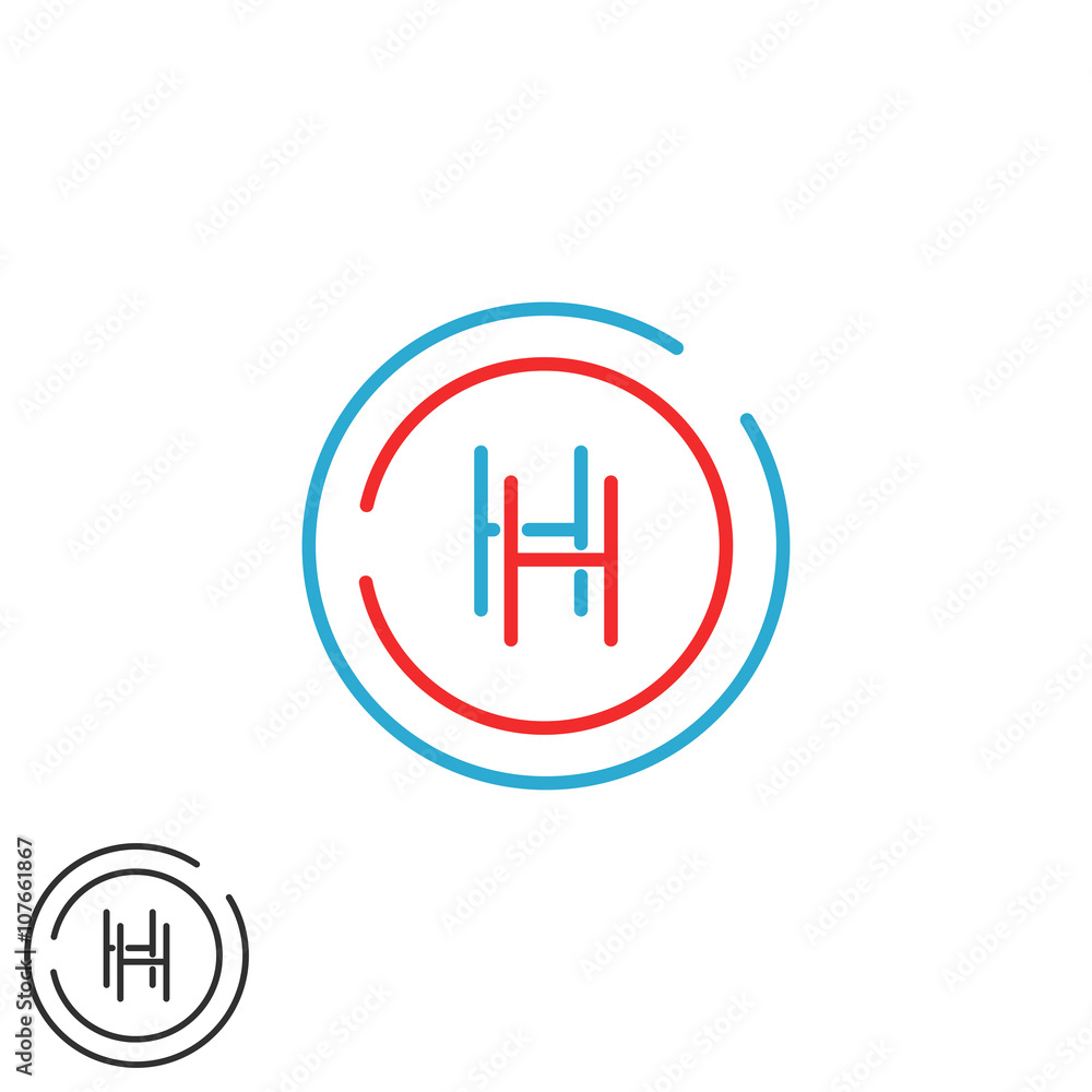Letter H logo monogram, initials HH intersection line wedding invitation emblem, red and blue circle frame Letter H logo monogram, initials HH intersection line wedding invitation emblem, red and blue circle frame
