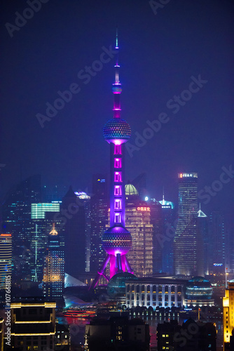 Famous Oriental Pearl radio and TV tower in Shanghai at night