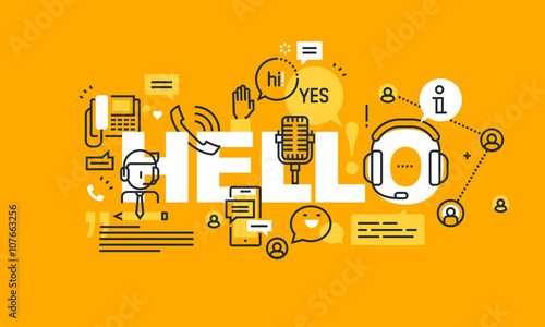 Thin line flat design banner for HELLO web page, call center, technical support, customer assistance. Modern vector illustration concept of word HELLO for website and mobile website banners.