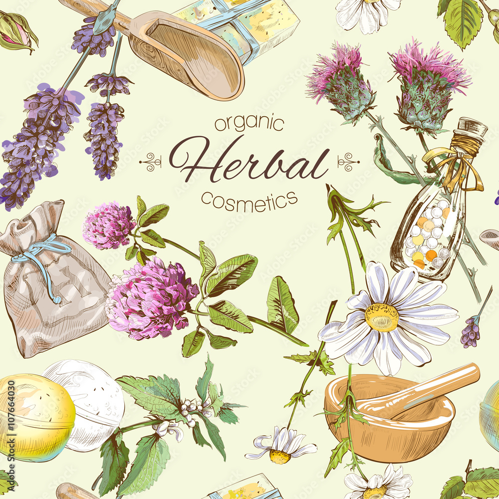 Vector vintage seamless pattern with wild flowers and herbs. Background design for cosmetics, store, beauty salon, natural and organic products. Best for fabric, textile, wrapping paper. - obrazy, fototapety, plakaty 