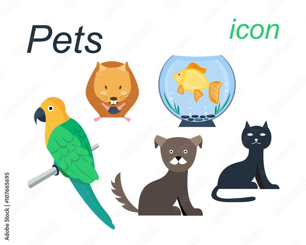
Flat vector icons of hamster, brawn dog, cat, Gold fish in the aquarium and parrot. Hamster eating a seed. Domestic animals. Budgerigar sitting on the branch
