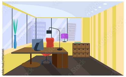 Office interior. Office room, boardroom. Vector office interior in flat style. Armchair and table, 

computer and coffee table, view from the window on megapolis, skyscrapers. Business concept