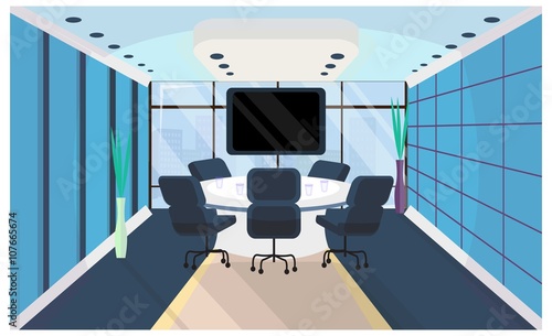 Office interior in flat style. Office room, boardroom. Meeting room with a conference table. Armchair and table, monitor. Business concept