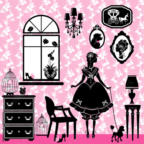 Princess Room with glamour accessories, furniture, cages, pictur