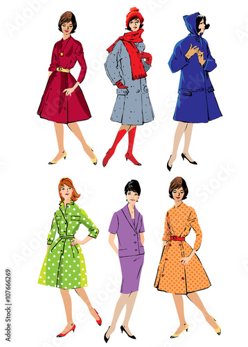 Set of elegant women - retro style fashion models - spring or fa