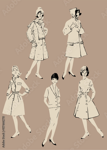 Set of elegant women - retro style fashion models - spring or fa