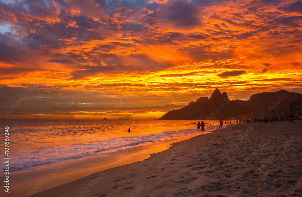 Sunset view of Ipanema beach and mountain Dois Irmao (Two Brother) in Rio de Janeiro, Brazil