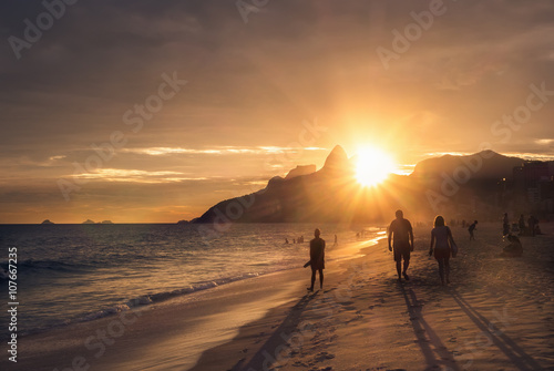 Sunset view of Ipanema beach and mountain Dois Irmao (Two Brother) in Rio de Janeiro, Brazil