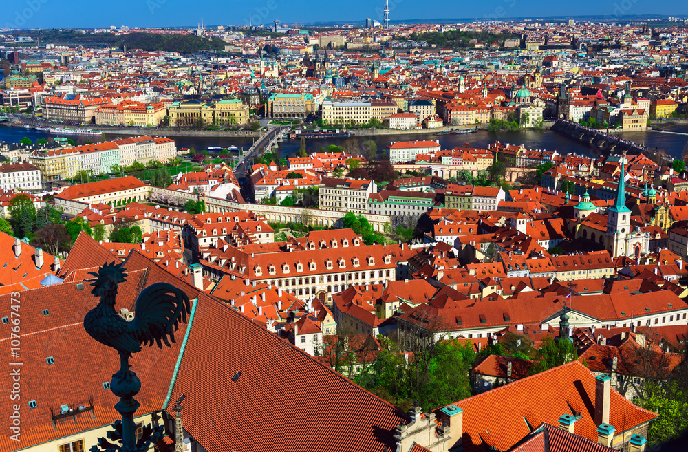 Aerial view Mala Strana (Lesser Town of Prague), Charles Bridge and Old Town in Prague, Czech Republic