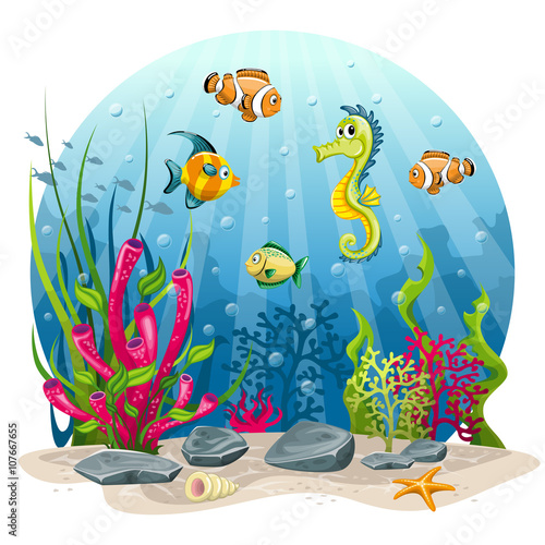 Seahorse and fish in the sea