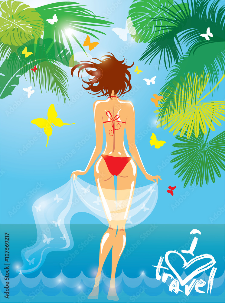 Woman in bikini swimwear at tropical beach with palm tree leaves