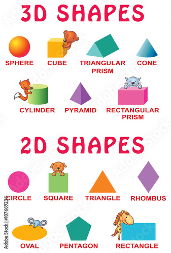 Basic 3d and 2d shapes with cartoon animals for preschoolers