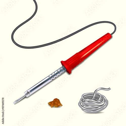 Soldering iron with a red handle. Tin solder, rosin.