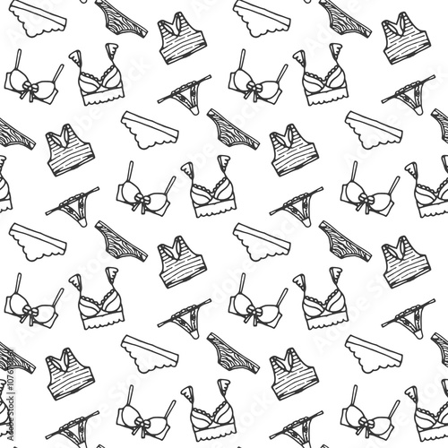 Lingerie seamless pattern. Vector underwear background design. Outline hand drawn illustration. Bras and panties doodle. 