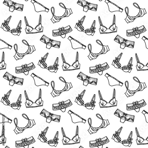 Lingerie seamless pattern. Vector underwear background design. Outline hand drawn illustration. Bras and panties doodle. 