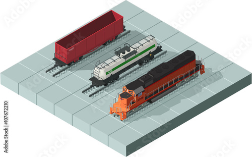 Vector isometric illustration of a rail way trains set consisting of locomotive, platforms for transportation of containers, covered wagon cistern, and rail cars for bulk cargoes.