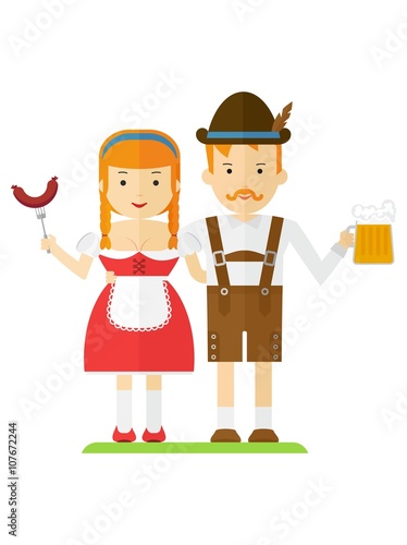 Fotografie, Tablou bavarian couple with beer and sausages