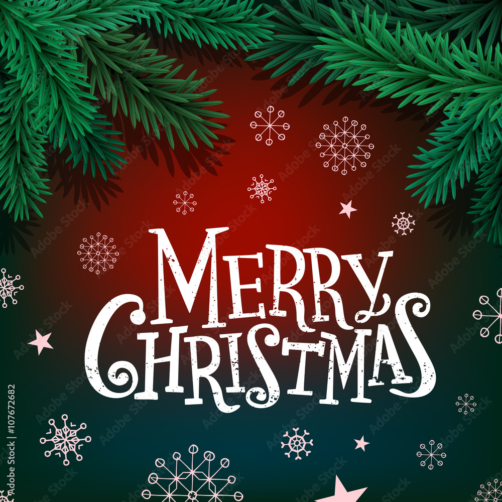Merry Christmas lettering on background with fir branches and balls.