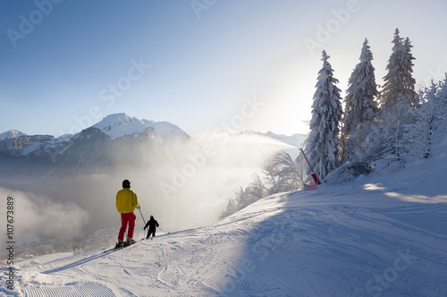 Skiers Setting off on a Piste in Morzine, France
