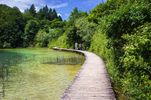 Old wooden footpath in Plitvice lakes in Croatia