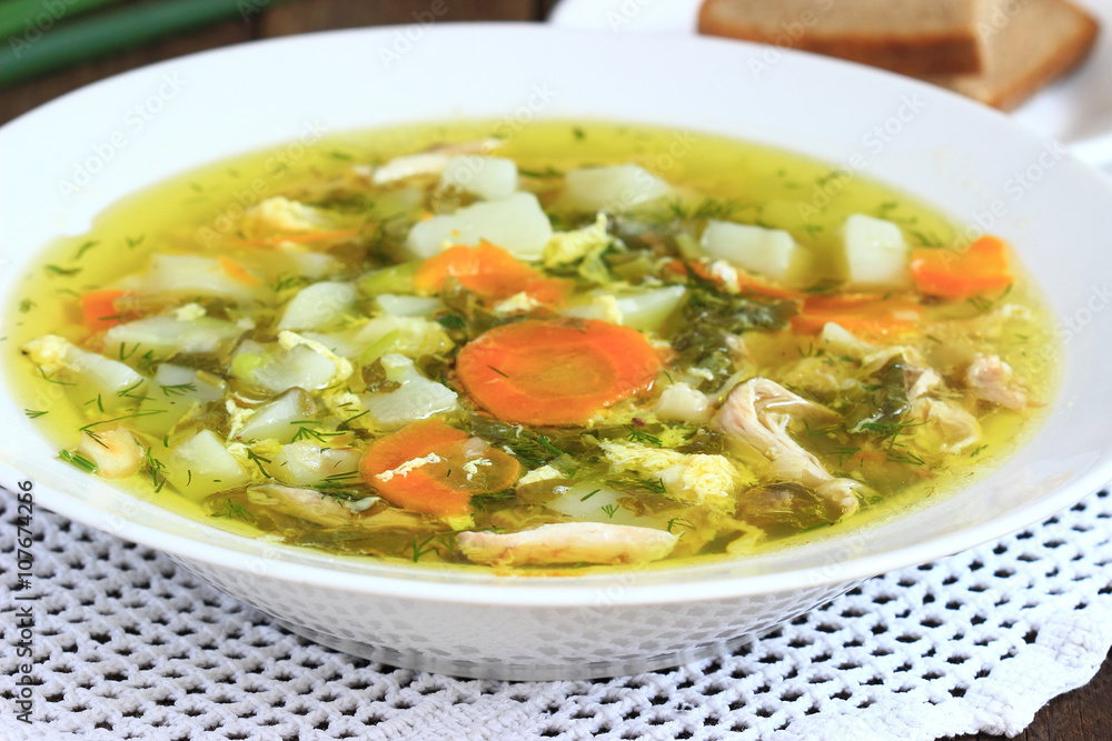 Sorrel soup with egg and greens in a plate