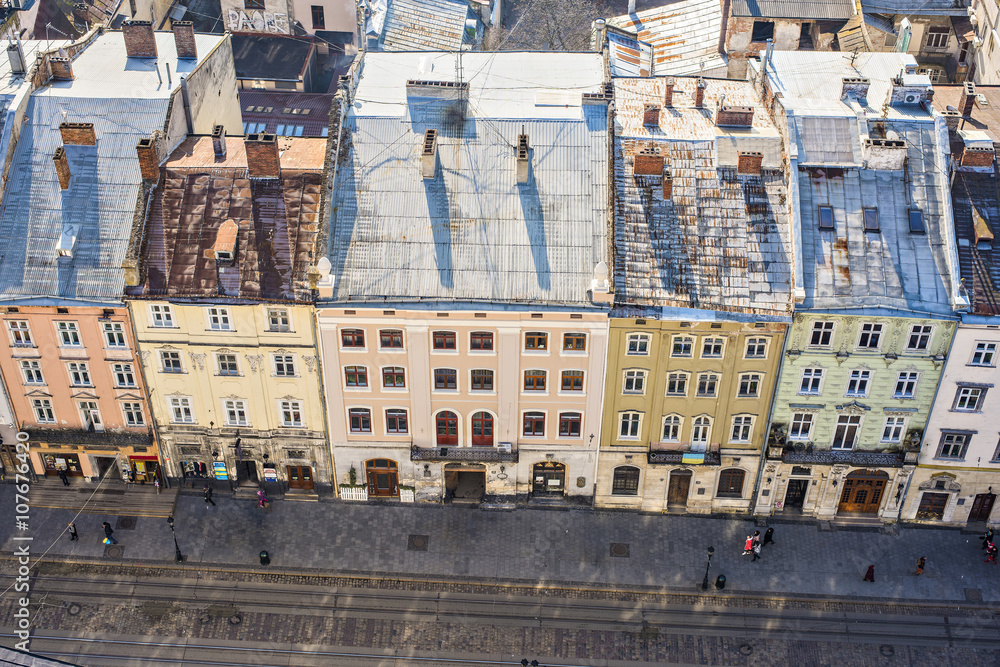 View from the top of the square, small houses and trams