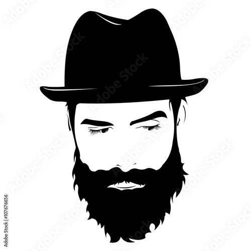 Vector portrait of serious bearded man wearing hat looking away.