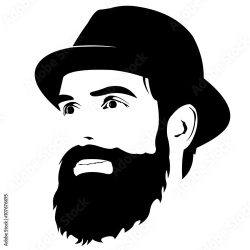 Vector portrait of bearded hipster face wearing hat looking away. 