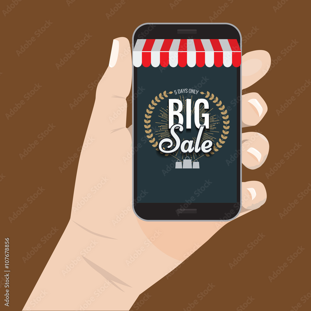 Online shopping sale concept hand holding smartphone vector illustration