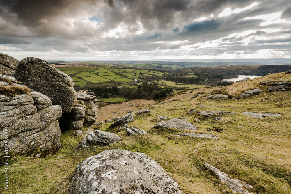 Panoramic view from hill top in Dartmoor, UK.