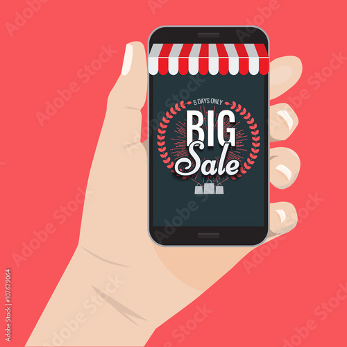 Online shopping sale concept hand holding smartphone vector illustration