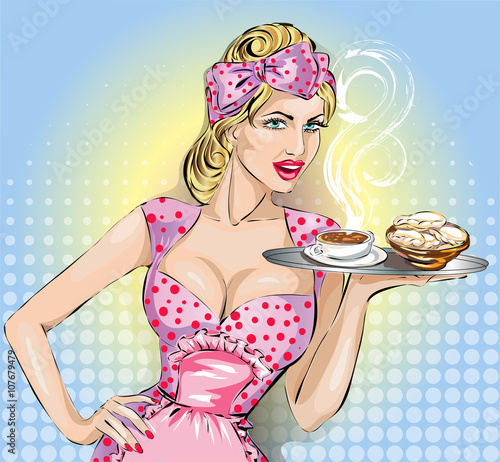 Pop Art woman with food tray. Pin-up fashion girl