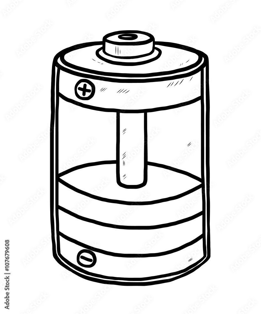 battery / cartoon vector and illustration, black and white, hand drawn,  sketch style, isolated on white background. Stock Vector | Adobe Stock