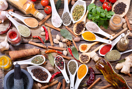 various herbs, spices and vegetables for cooking