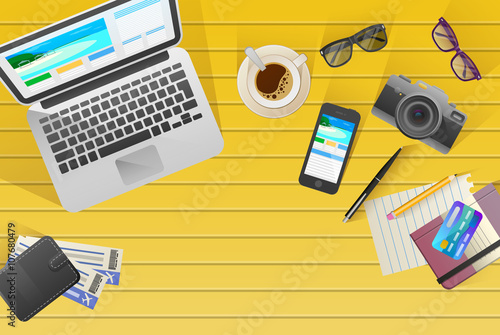 Flat web banner on the theme of travel , vacation, adventure. Preparing for your journey. Outfit of modern traveler. Objects on wooden background. Top view. Ready for Summer.