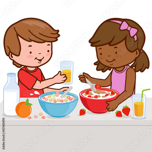 Children having breakfast. Vector illustration