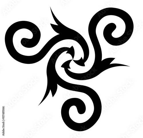 Three arrows forming Celtic disk ornament with triple spiral symbol. Black and white pattern for the logo, vector image.