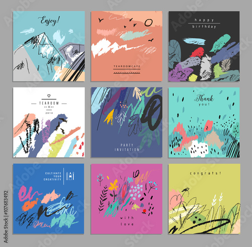 Obraz na płótnie Zestaw artystycznych kreatywnych kart uniwersalnych. Ręcznie rysowane tekstury.